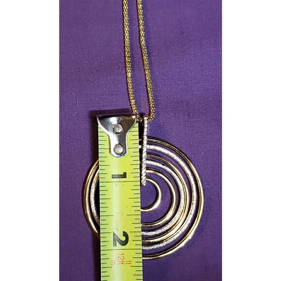 Two Tone Concentric Circles Pendant Chain Necklace Rhinestone Silver & Gold Tone - Picture 8 of 9